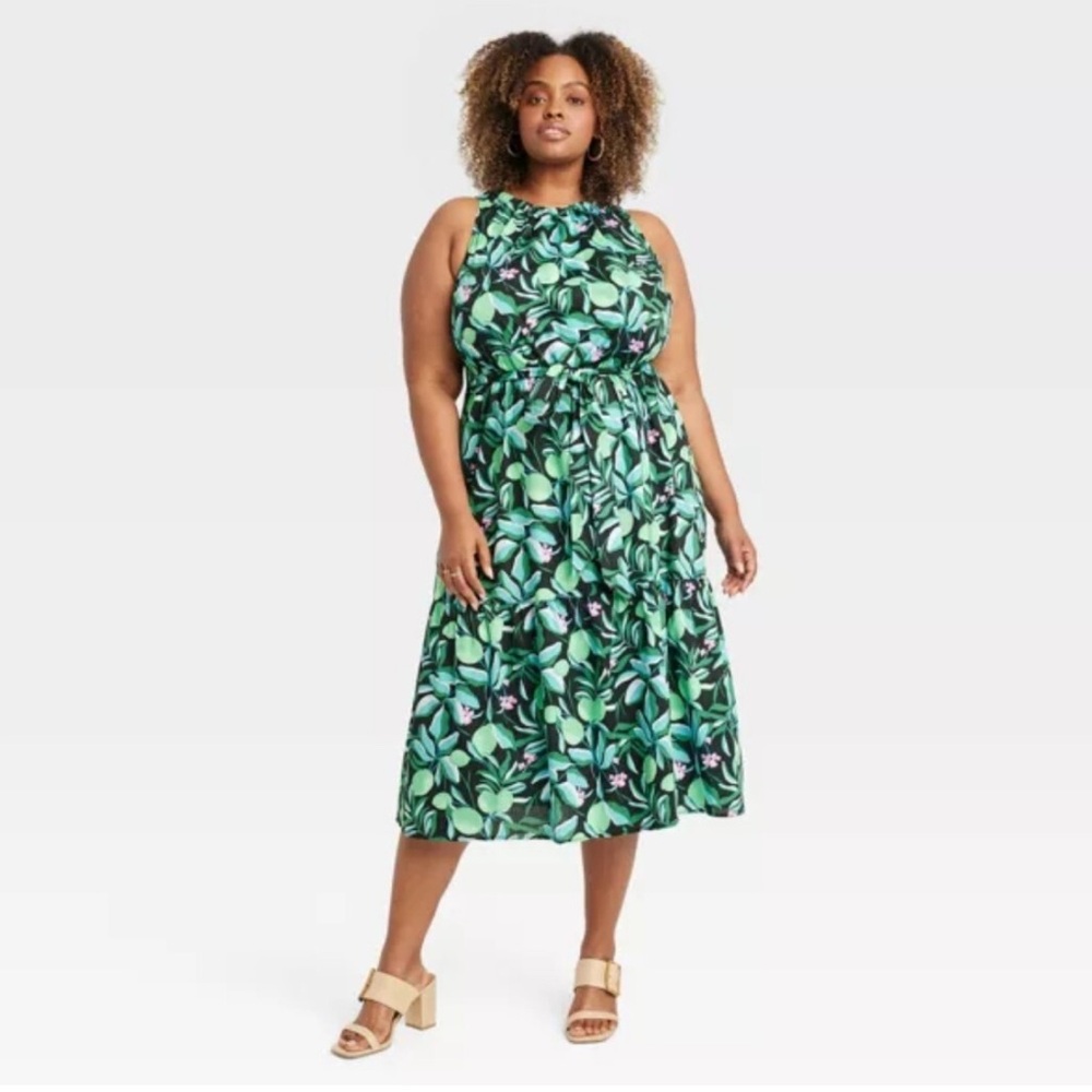 Ava & Viv Womens 3X Tropical Leaf Midi Dress Green Black Sleeveless Pockets‎